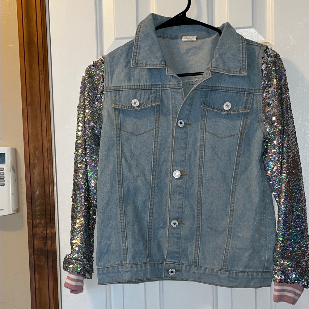 Kids Denim Jacket with Sequin Sleeves